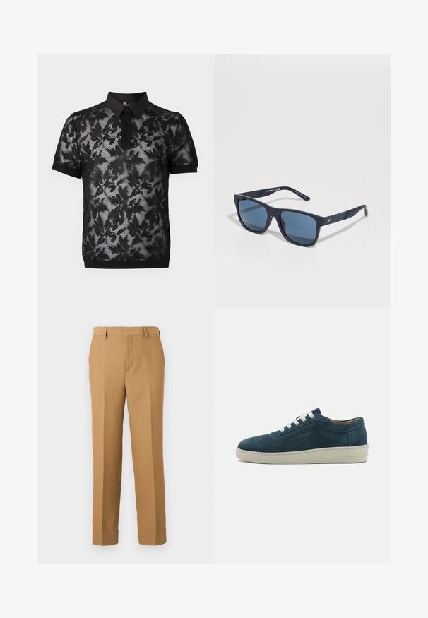 The Kooples PULL - Polokošeľa - black; Béžové nohavice z tkaného materiálu, so rovný strihom, plochým predným dielom a pútkami na opasok. HladkáTextúra bez viditeľných vzorov.; Modré semišové tenisky s zaoblenou špičkou, bielymi šnúrkami a gumovou podrážkou. Obsahujú jemné šitie a značkový akcent na boku.; Modré obdĺžnikové slnečné okuliare s tmavými sklami, matný námorní rám, detail loga na spánku, priamé ramená a pevná, hladká textúra.
