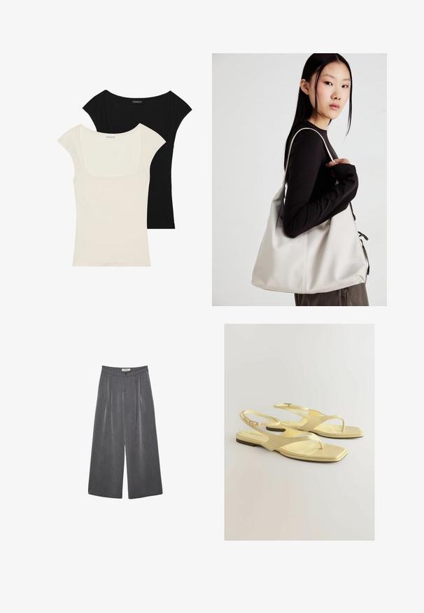 To siddede kortærmede toppe: en sort og en off-white. Begge har en firkantet udskæring og ribbet tekstur, med en glat finish.; Lysegul, knappet skjorte lavet af blødt stof. Har en klassisk krave, opkrøllede ærmer og en afslappet pasform med en buet kant.; Plisserede vide bukser i en mørkegrå stof med en subtil tekstur. Har en knaplukning og et klassisk talje-design.; Gule flade sandaler med en struktureret kunstlæderoverdel, tåpostdesign og ankelstrop med en lille spænde. Firkanthælt form, minimalistisk stil.; Beige håndtaske lavet af blødt materiale med et slouchy design, stikninger og to skulderremme. Velegnet til daglig brug.