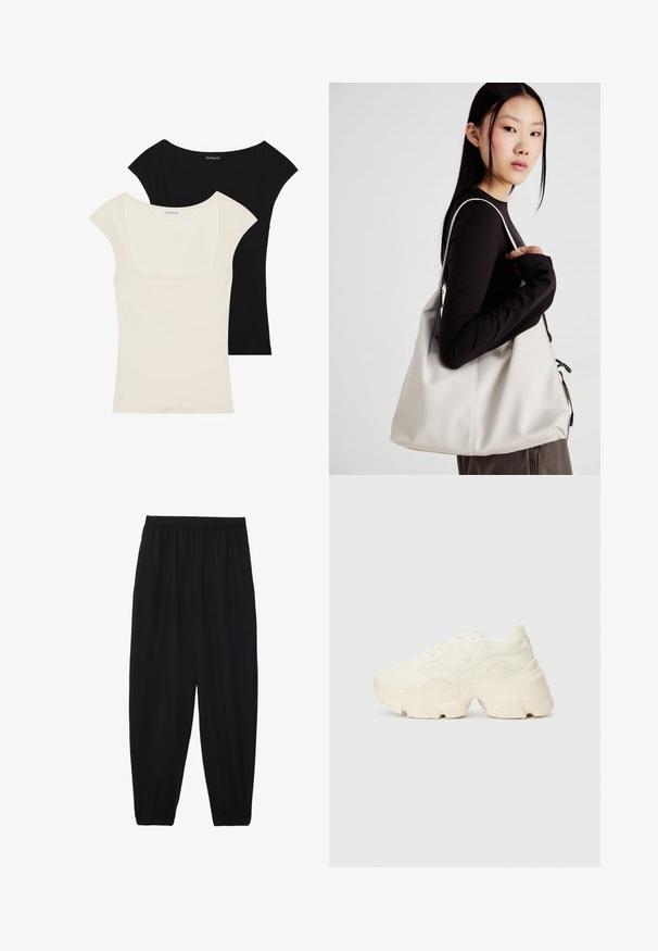 Due magliette aderenti a maniche corte: una nera e una off-white. Entrambe presentano uno scollo quadrato e una texture a coste, con una finitura liscia.; Pantaloni neri leggeri con vita elastica e caviglie arricciate. Il tessuto è liscio e presenta un design rilassato e affusolato.; Sneakers bianchi chunky realizzati in mesh testurizzato e materiali sintetici, dotati di una suola spessa e dettagli con motivi intricati lungo i lati.; Borsa a mano beige realizzata in materiale morbido, caratterizzata da un design morbido, dettagli cuciti e due manici. Adatta per l'uso quotidiano.