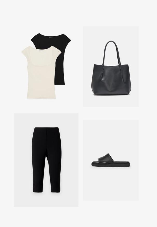 Divas divas ar īsām piedurknēm: viena melna un otra pelēka. Abām ir kvadrātveida dekoltē un ribota tekstūra, ar gludu apdari.; Melnas capri bikses, izgatavotas no elastīga auduma, ar pieguļošu dizainu, kas beidzas tieši zem ceļgala, ar gludu virsmu un neredzamām šuvēm.; Melna čības ar gludu ādas augšdaļu, platu joslu un plakanu gumijas zoli, ar minimālistisku dizainu un bez redzamām detaļām.; Melnas ādas somiņa ar divām garām rokturiem, gludu tekstūru un mīkstu siluetu. Nav redzamu metālu detaļu vai rakstu.