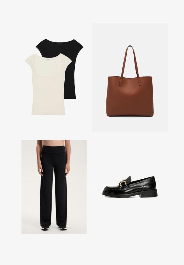 Two fitted short-sleeve tops: one black and one off-white. Both feature a square neckline and ribbed texture, with a smooth finish.; Black wide-leg athletic pants with a high waistband. Made from smooth, stretchy fabric, featuring a relaxed fit and subtle texture.; Black leather loafer with a decorative gold buckle. Features a smooth surface, rounded toe, and a low block heel with textured sole.; Brown leather tote bag with a smooth texture, open top design, and two shoulder straps. Features minimal stitching and no visible hardware.