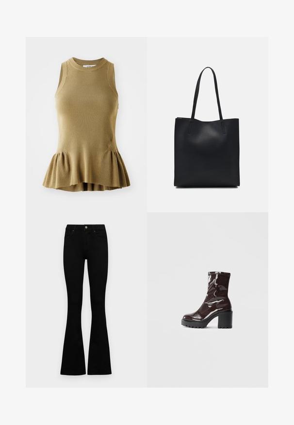 Rankų darbo be rankovių viršus alyvuogių žaliai megztame audinyje, su raukšlėtu paviršiumi, prigludusiu siluetu ir išsiplėtusiu peplum sijonu.; Juodos aukšto liemens džinsai su mygtuku ir užtrauktuku, priekinėmis kišenėmis ir platėjančiomis kojomis, išdėstyti ant baltos fono.; Blizgus burgundių spalvos kulknapis su tankiu juodu kulnu, pasižymintis lygiu paviršiumi ir paprastu dizainu. Nėra matomų užsegimų ar raštų.; Juodas odinis tote krepšys su lygia tekstūra, stačiakampio formos ir dviem ilgais rankenomis. Matomų metalinių detalių ar puošybos nėra.