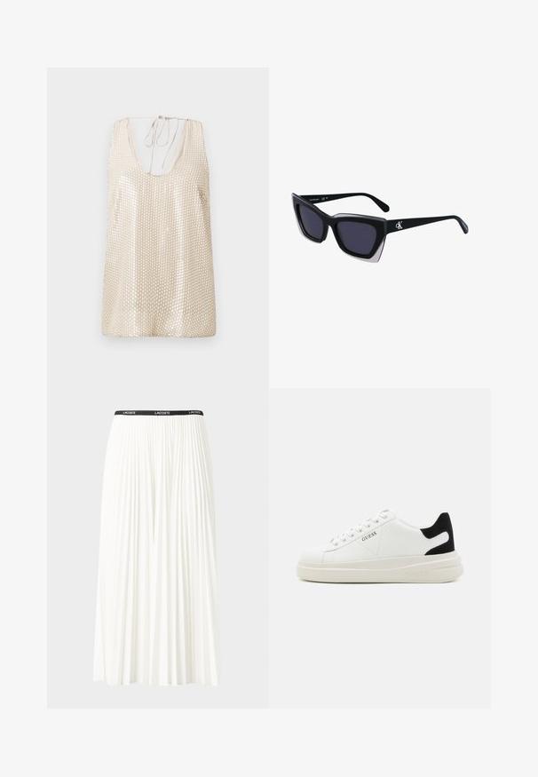 Bež ilma varrukatega topp, millel on sügav dekoltee, kaunistatud reflekteerivate sequins-mustriga tekstuuri ja visuaalse huvi loomiseks ning nööri tagasidemega.; Kurtitudega valge seelik musta elastse vööga, millel on "LACOSTE" logo. Keskmise pikkusega disain pehme tekstuuriga.; Valged nahast tennisetossud paksu valge tallaga, musta sametist kontsakeeuga ja külje peal riigilogo reljeefne kujundus. Lukkeskeem kuue silmaauguga.; Mustad suured mustad prillid geomeetrilise kujuga, tumedate läätsedega ja kontrastse halli detailiga raamidel. Logo käe peal.