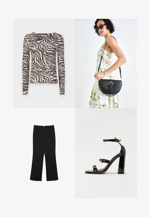 Dolga majica v rjavi in off-white barvi z vzorcem zebre. Gladka tekstura in oprijet kroj z širokim izrezom.; Črne hlače ravnega kroja z naglavnimi žepi in stranskimi razporki na robu. Narejene iz mehke, gladke tkanine. Primerne za različne priložnosti.; Črne lakirane sandale s peto, kvadratnim prstom, trakovi okrog gležnja in srebrnimi zaponkami. Opremljene so s stabilno Debelo peto.; Črna usnjena torbica s ukrivljeno obliko, z odstranljivo naramnico in zlatimi dodatki. Torbica ima pokrov s podrobnostmi v obliki zaponke.