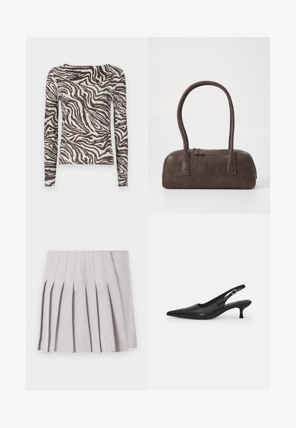 Hosszú ujjú, barna és törtfehér zebra csíkos topp. Simaságával és testhezálló fazonjával, széles nyakkivágással rendelkezik.; Szürke pliszírozott szoknya sima textúrával, több függőleges redővel és testre simuló derékkal. Könnyű anyagból készült.; Fekete bőr szandálcipő hegyes orral és karcsú, ívelt sarokkal. Diszkrét, állítható pánttal rendelkezik, fém csattal.; Barna bőrtáska, két masszív fogantyúval, téglalap alakú, sima felülettel és cipzáras záródással. Minimalista dizájn, látható minták nélkül.