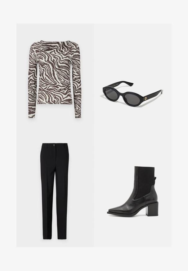 Long-sleeve top in brown and off-white with a zebra stripe pattern. Smooth texture and fitted shape with a wide neckline.; Black tailored trousers with a straight leg design, featuring a button fastening and belt loops, made from smooth fabric.; Black ankle boot with a pointed toe, made of smooth leather and elastic fabric. Features a block heel and minimalist design.; Black oval sunglasses with dark lenses and glossy plastic frame. Features gold logo on the temple, offering a sleek and modern design.; Blue patterned handbag made of fabric, featuring a curved shape, black leather strap, and logo design in a lighter shade.