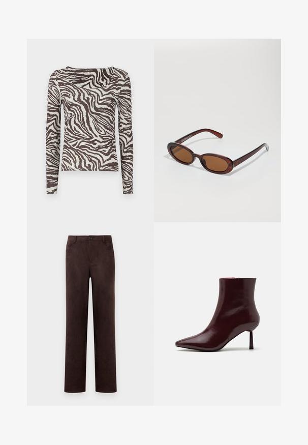Duga majica dugih rukava u smešanoj smešanoj i off-white boji sa uzorkom zebre. Glatka tekstura i prilagođeni oblik sa širokim izrezom.; Kombinirane tamnosmeđe suknje od zeca s ravnim nogavicama, zatvaranjem na dugme i rajsferšlus, petljama za remen i bočnim džepovima.; Bordo lakirana čizma do gležnja s oštrim vrhom i uskim stiletto potplatom, s glatkom, sjajnom teksturom i minimalističkim dizajnom.; Okvir okruglih, smeđkastih sunčanih naočala s sjajnim burgundskim okvirom. Uski nositelji s suptilnim brendiranjem. Ravna leća.; Tkana vino crvena torba s rounded oblikom i jednom ručkom, s teksturiranom površinom i elastičnim zatvaranjem na vezicu.