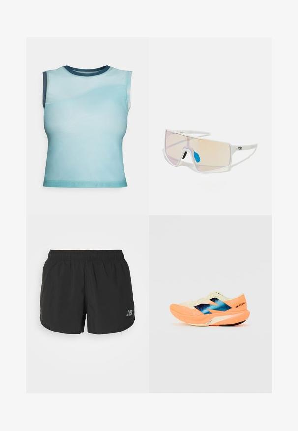 Bezsvirs topi, kas izgatavots no gludas, vieglas auduma ar gradientu gaiši zilos toņos, ar tumši zilu apaļu kakla izgriezumu un izliekta šuvju detaļām.; Melni sporta šorti ar elastīgu jostasvietu, izgatavoti no viegla auduma. Iezīmēts ar mazu pelēku logotipu apakšējā labajā pusē.; Skriešanas apavi ar vieglu krēmkrāsas augšdaļu, zilu zīmolu un oranžiem akcents uz zoles. Acu tekstūra gaisa caurlaidībai.; Balti rāmji saulesbrilles ar lieliem, gradienta lēcu toņiem, kas no rozā pakāpeniski pāriet gaisā oranžā krāsā, akcentētas ar zilu deguna daļu un logo detaļu.
