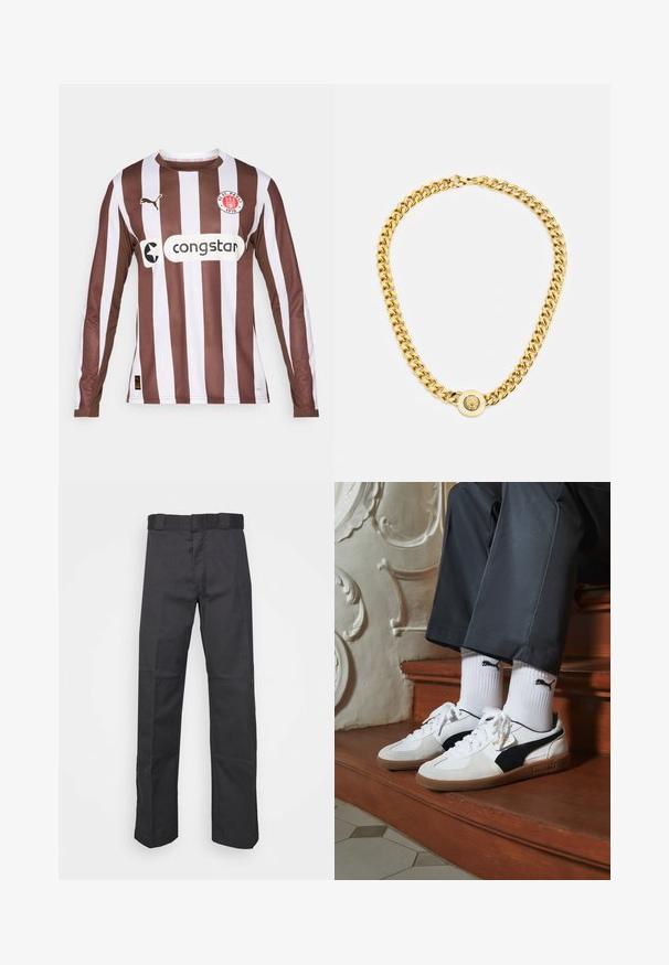 Dugorukavi dres u smeškim i bijelim prugama, izrađen od prozračnog materijala, sadrži okrugli izrez, Puma logo i logo sponzora "congstar".; Crne hlače od izdržljivog materijala, s ravnim krojem, pojasom s peteljkama i šavovima za dodatnu teksturu.; Puma tenisice u bijelom i crnom nubuku, s smešnim gumastim potplatom. Uparene su s bijelim čarapama s crnim logom, nosene uz tamne hlače.; Zlatna ogrlica s velikim isprepletenim karikama, koja sadrži kružni detalj na sredini s uzdignutim grbom.