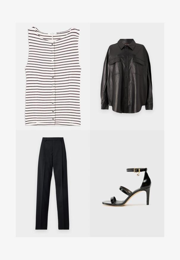 Striped sleeveless top featuring horizontal dark brown stripes on a beige background, with a button front and smooth, lightweight fabric.; Black leather shirt with a button-up front, pointed collar, and two chest pockets. Features a loose fit and smooth texture.; Black trousers made from smooth fabric featuring a high waist, wide legs, front pleats, and classic belt loops. No side pockets visible.; Black patent leather sandal with three straps, ankle buckle, and 4-inch stiletto heel. Features gold hardware detail and logo charm.