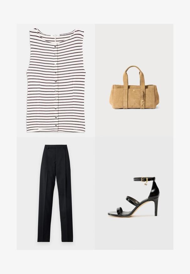 Striped sleeveless top featuring horizontal dark brown stripes on a beige background, with a button front and smooth, lightweight fabric.; Black leather shirt with a button-up front, pointed collar, and two chest pockets. Features a loose fit and smooth texture.; Black trousers made from smooth fabric featuring a high waist, wide legs, front pleats, and classic belt loops. No side pockets visible.; Black patent leather sandal with three straps, ankle buckle, and 4-inch stiletto heel. Features gold hardware detail and logo charm.; Tan suede tote bag with two top handles, featuring a front pocket, gold hardware detail, and a soft, textured finish.