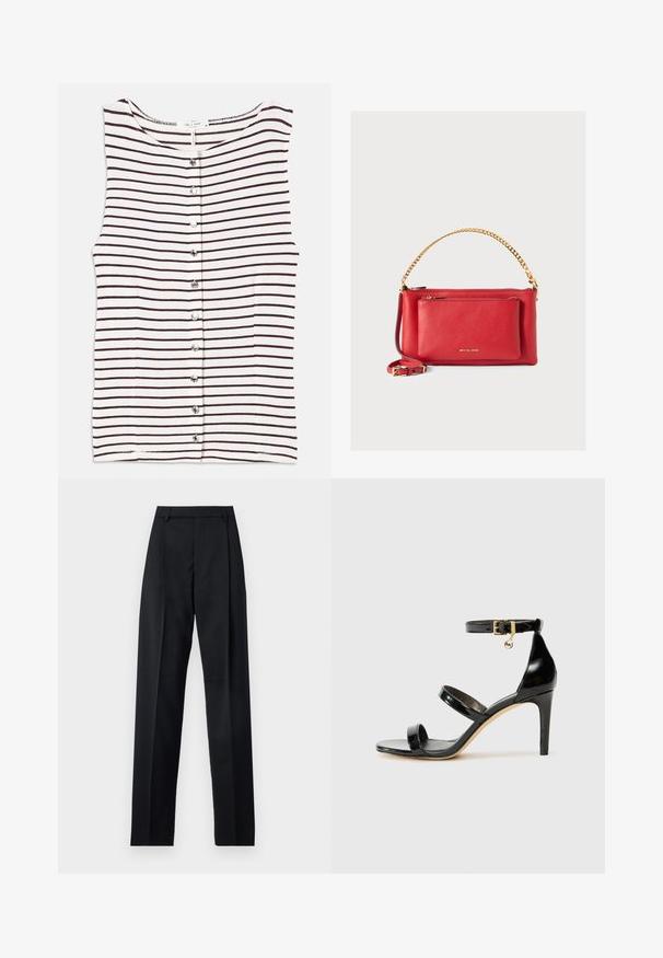 Gestreift ärmelloses Oberteil mit horizontalen dunkelbraunen Streifen auf einem beigen Hintergrund, Knopfleiste und glattem, leichtem Stoff.; Schwarzes Lederhemd mit durchgehender Knopfleiste, spitzem Kragen und zwei Brusttaschen. Hat eine lockere Passform und eine glatte Textur.; Schwarze Hosen aus glattem Stoff mit hoher Taille, weitem Bein, vorderen Falten und klassischen Gürtelschlaufen. Keine sichtbaren Seitentaschen.; Schwarze Lackleder-Sandale mit drei Riemen, Knöchelriemen und 10 cm hohen Stiletto-Absatz. Verfügt über goldfarbene Hardware-Details und ein Logo-Charm.; Rote Lederhandtasche mit strukturiertem Finish, goldener Kette und Riemen, vorderer Reißverschluss-Schlupf, und geprägtem Logo. Kompaktes und strukturiertes Design.