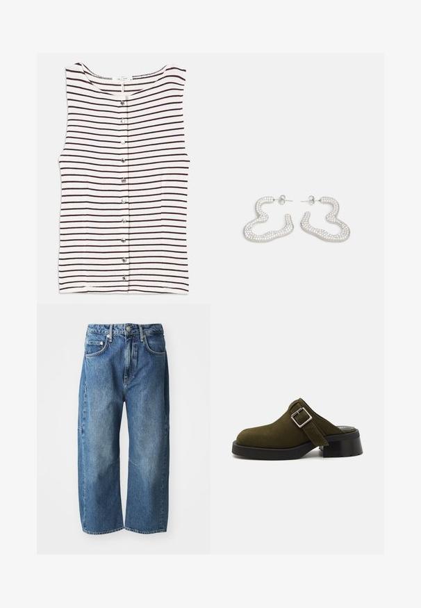 Svītrota bezpiedurkņu blūze ar horizontālām tumši brūnām svītrām uz bēša fona, ar pogu priekšu un gludu, vieglu audumu.; Zilas džinsu bikses ar brīvu, platām kājām, ar priekšējiem kabatām, pogu un rāvējslēdzēju, kā arī vieglu izbalināšanu ceļgalos.; Olive krāsas zamšs mūlis ar zemu, masīvu melnu papēdi. Iekšējā sānu siksna ar sudraba sprādzi regulēšanai. Kopumā gluda tekstūra.; Sudraba tonī izgatavoti auskari ar viļņveidīgu, abstraktu dizainu, rotāti ar mazām, spīdīgām kristāla pērlītēm. Droša kniedes aizmugurējā aizdare.