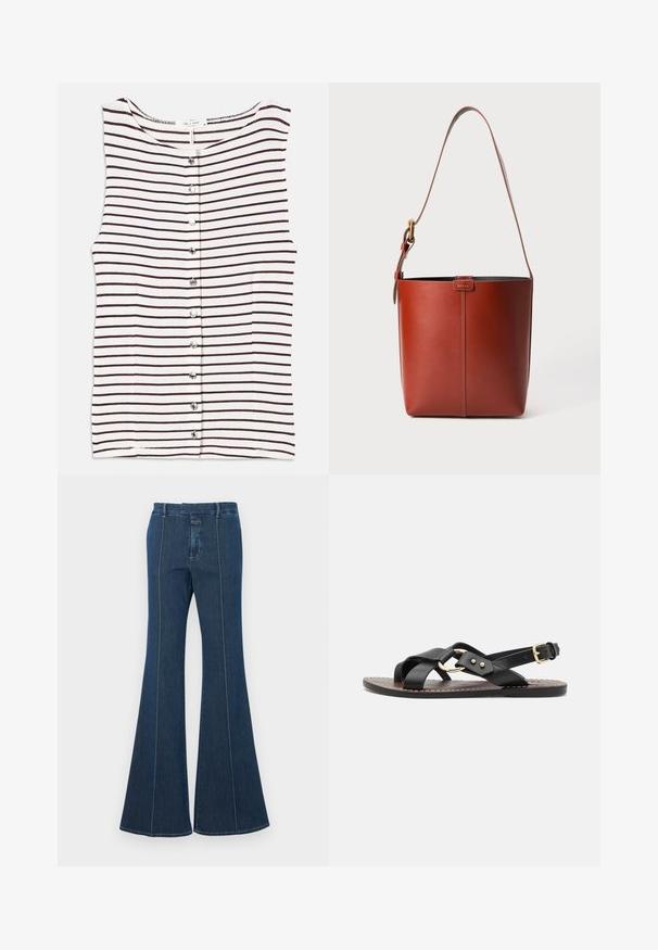 Pas za ramena brezrokavnik s horizontalnimi temno rjavimi črtami na bež ozadju, z gumbi na sprednji strani in gladkim, lahkim materialom.; Jeanovi razrezani hlače v temno modri barvi, z strukturiranimi šivi in čistim zaključkom. Imajo pas srednje višine in široke, tekoče noge.; Črne usnjene sandale s križnimi trakovi in zlatim okroglim naglasom. Ravna podplat z zaponko okoli gležnja.; Rjava usnjena torba v obliki vedra z nastavljivim ramenskim trakom in zlatim sponko, preprosta navpična šivna podrobnost spredaj.