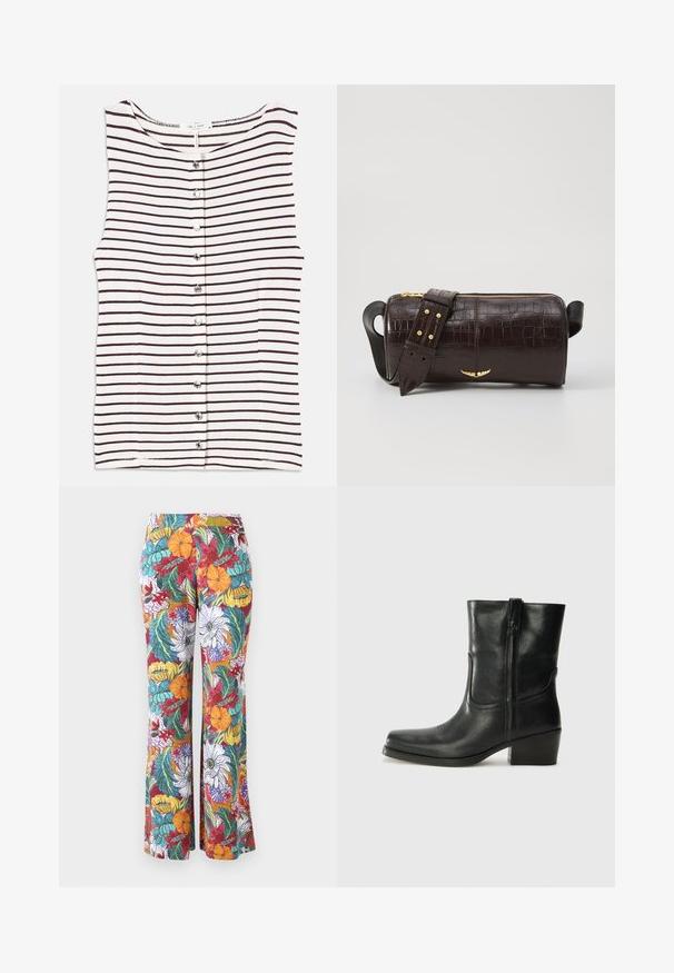 Ribadeeta ilma varrukatega topp, millel on horisontaalsed tumepruunid triibud beežil taustal, nupuga esiküljel ja sujuv, kerge kangas.; Laiendi püksid mitmevärvilise lillemustriga, millel on oranžid, lillad ja tumesinised lilled ning rohelised lehed valgel taustal.; Musta nahast pahkluu saabas ümarate varvastega, plokknäppu, külgsepa ja pealsetel õmblusest aktsentidega. Sile tekstuur, klassikaline disain.; Pruunist krokodillimustrist nahast kott, millel on silindri kuju, kuldse tooni metalldetailid ja eemaldatav rihm, kus on nupud.