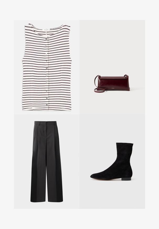 Striped sleeveless top featuring horizontal dark brown stripes on a beige background, with a button front and smooth, lightweight fabric.; Black wide-leg trousers with a high waist, featuring front pleats, a smooth texture, and a tailored finish. Designed for a relaxed fit.; Black suede ankle boot with a fitted shaft, pointed toe, and a low block heel. Smooth texture and minimalistic design, suitable for versatile styling.; Burgundy leather crossbody bag with a smooth texture, rectangular shape, flap closure, and a thin adjustable strap. Gold logo detail visible.