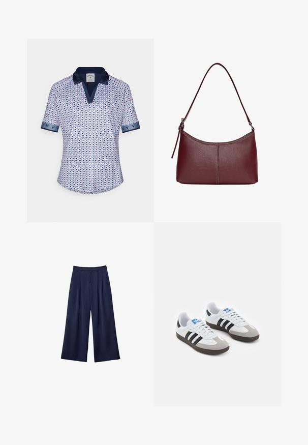 Koszulka polo z krótkim rękawem, wykonana z lekkiego materiału, z geometrycznym wzorem w kolorze różowym i niebieskim, z granatowym kołnierzykiem i akcentami na mankietach.; Granatowe spodnie typu wide-leg z plisami, zapinane w pasie na guziki, z szlufkami na pasek, pokazane na płasko na białym tle.; Buty sportowe z białą skórzaną cholewką, szarym zamszowym noskiem i trzema czarnymi paskami. Posiadają niebieskie logo na języku oraz teksturowaną gumową podeszwę.; Bordowa torebka skórzana o zaokrąglonym kształcie, z jednym paskiem na ramię i przeszyciami w centrum. Gładka faktura, minimalna ilość elementów metalowych.