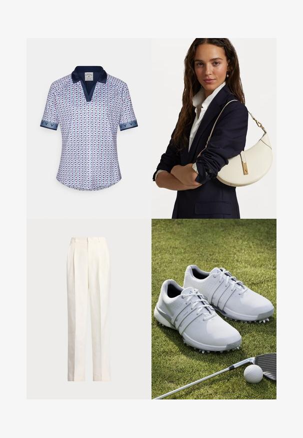 Polo majica kratkih rukava izrađena od lagane tkanine, s geometrijskim uzorkom u ružičastoj i plavoj boji, s mornarskom ovratnikom i detaljima manžeta.; Polo Ralph Lauren HEMP WIDE LEG PANT - Hlače - nevis; Bijele golf cipele s sintetičkim gornjim dijelom, teksturiranim pločama i dizajnom sa vezicama. Imaju istaknute špica na potplatu i podstavljene unutrašnje sole.; Bijela kožna torba sa zakrivljenim oblikom, zlatnim detaljima i teksturiranom površinom, nošena preko tamnog sakoa i bijele košulje.