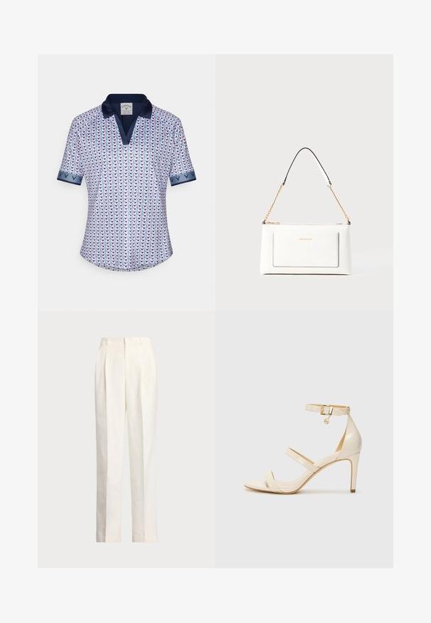 Polo majica s kratkimi rokavi, izdelana iz lahkotnega materiala, z geometrijskim vzorcem v rožnati in modri barvi, z mornarsko modrim ovratnikom in poudarjenimi manšetami.; Polo Ralph Lauren HEMP WIDE LEG PANT - Hlače - nevis; Bež čevlji na visoki peti s tankim trakcem okrog gležnja in dvema zgornjima trakoma. Sijajna lakirana površina in zlat detajl na trakcu okrog gležnja.; Bela usnjena torbica z teksturirano površino, ki vključuje zlat pas in črne detajle. Ima sprednji žep in zadrgo.
