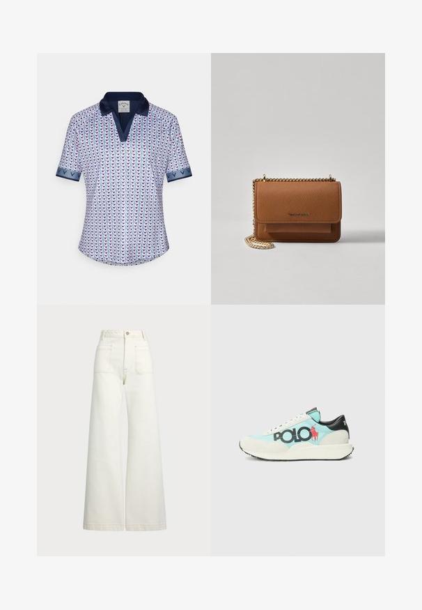 Polo majica kratkih rukava izrađena od lagane tkanine, s geometrijskim uzorkom u ružičastoj i plavoj boji, s mornarskom ovratnikom i detaljima manžeta.; Široke traperice u boji krem-paleža. Visoki struk s kopčanjem na dugme, dva prednja džepa i kontrastni šavovi.; Tenisice s svijetloplavim tijelom, bijelim odrezima od suedea, crnim petama i istaknutim crnim "POLO" logotipom s crvenim siluetom igrača konja.; Smeđa kožna torba preko tijela s teksturom, zlatnim lančićem i preklopom na zatvaranju. Na prednjoj strani nalazi se detalj s potpisom i džep ispod preklopa.
