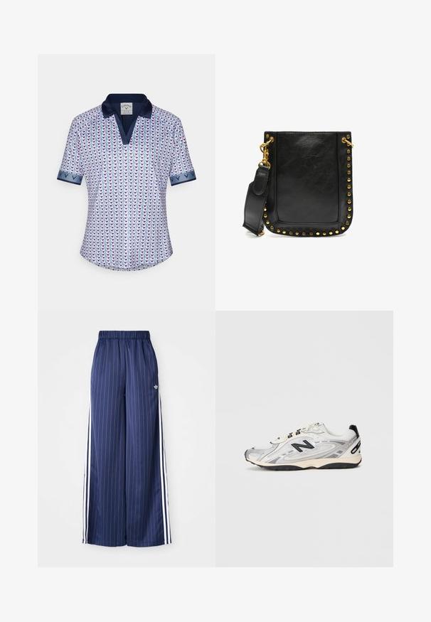 Polo a maniche corte realizzato in tessuto leggero, con un motivo geometrico in rosa e blu, colletto e dettagli dei polsini in blu navy.; Pantaloni a gamba larga blu navy con strisce verticali bianche, cintura elastica e tre strisce bianche su ciascun lato, realizzati in un materiale leggero.; Scarpa sportiva grigia e bianca con punta arrotondata, realizzata in materiali sintetici e mesh, dettagli neri e suola in gomma testurizzata.; Borsa a tracolla in pelle nera con borchie dorate lungo i bordi, dalla forma piatta e con una tracolla regolabile dotata di un gancio in oro.