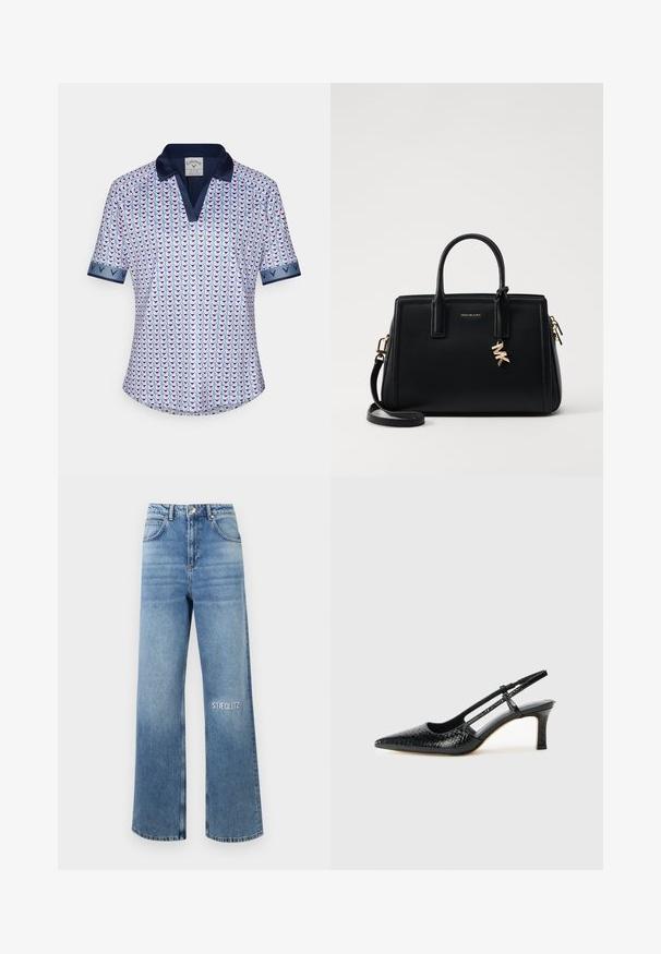 Kortermet polo skjorte laget av lett stoff, med et geometrisk mønster i rosa og blått, og marineblå krage og mansjettakenter.; Lyseblå vide jeans i denimstoff, med høy midje, fem-lomme-design, og "STIEGLITZ" brodert på venstre lår.; Sorte patent slingback hæl med spids tå, featuring tekstureret slangeskind, justerbar rem og en kort, tekstureret blokhæl.; Svart skinnhåndveske med strukturert design, doble topphåndtak, avtakbar skulderrem, gullfarget hardware og en logo-detalj.