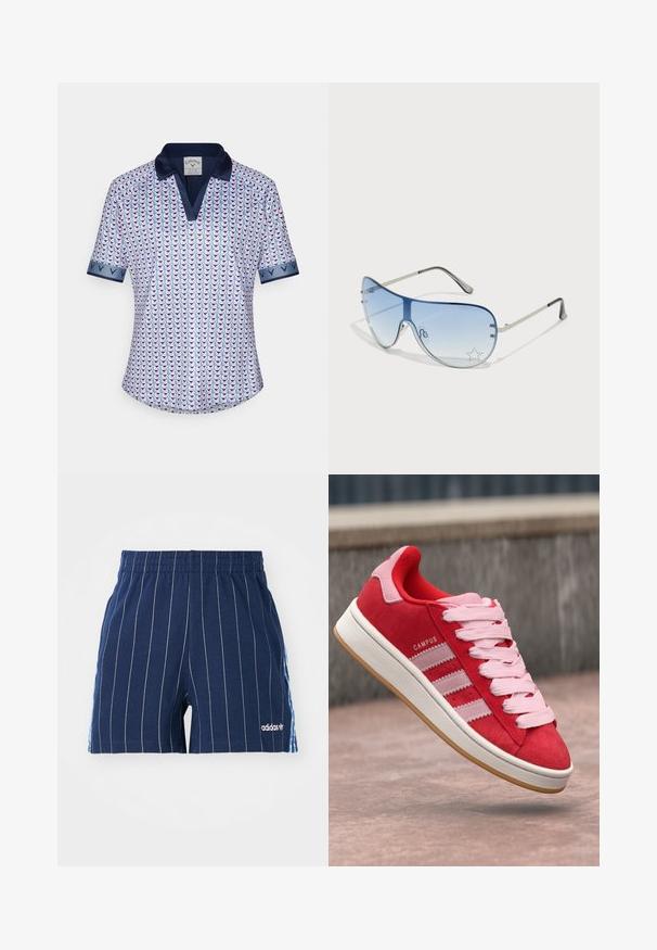Polo majica s kratkimi rokavi, izdelana iz lahkotnega materiala, z geometrijskim vzorcem v rožnati in modri barvi, z mornarsko modrim ovratnikom in poudarjenimi manšetami.; Temno modri kratki hlače z belimi črtami, elastičnim pasom in Adidasovim logotipom. Imajo modre poudarke ob straneh in so narejene iz mešanice bombaža.; Rdeče semaforice iz usnja s rožnatimi poudarki, s tremi belimi črtami in svetlo rožnatimi vezalkami. Bele srednje podplate in gumijasti podplat.; Pilotne sončne očala z gradijentnimi modrimi lečami, srebrnim kovinskim okvirjem in okrasnimi zvezdastimi detajli na lečah. Gladek in eleganten dizajn.