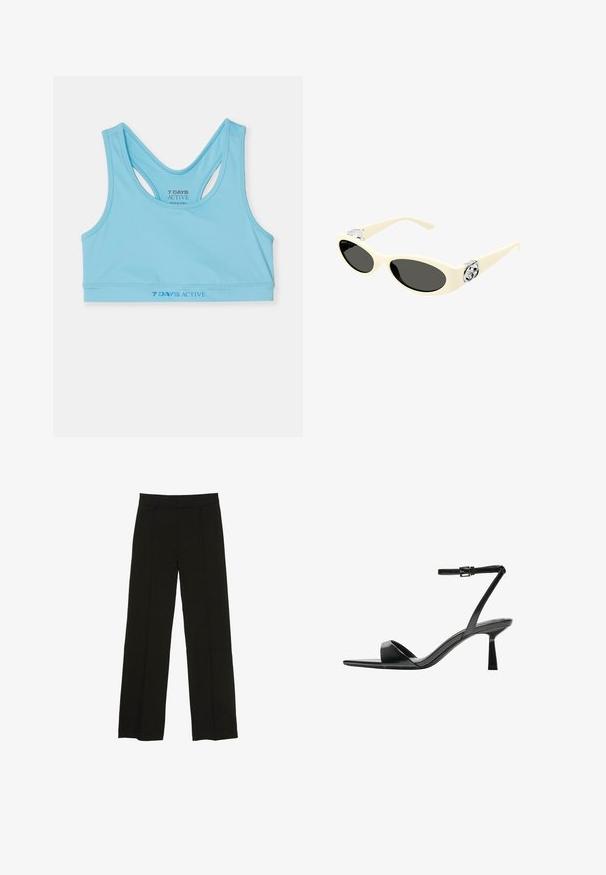 Světle modrý sportovní crop top vyrobený z hladkého materiálu, s designem racerback a logem v tmavší modré barvě na pase.; Černé široké kalhoty vyrobené z hladké tkaniny, s dobře padnoucím pasem a jemnými předními klíny pro zvýraznění textury.; Bershka Sandály na vysokém podpatku - black; Námořnické sluneční brýle krémové barvy s oválnými skly, černým zabarvením a kovovými logovými akcenty na spáncích. Hladký povrch, design ve stylu kočičích očí.; Černá ramenní taška vyrobená z hladkého materiálu, s oválným tvarem, zlatým zipem a zlatým vyraženým logem na přední straně.