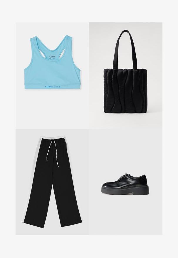 Světle modrý sportovní crop top vyrobený z hladkého materiálu, s designem racerback a logem v tmavší modré barvě na pase.; Černé kalhoty s širokými nohavicemi a bílým bočním pruhem, elastickým pasem a šňůrkou. Vyrobeno z měkké, hladké látky pro pohodlí.; Černé kožené boty s oválnou špičkou, silnou platformou a dekorativním šněrováním. Hladký povrch a viditelné kontrastní švy.; Černá taška přes rameno vyrobená z polstrované tkaniny, se vlnitou strukturou, dvěma robustními uchy a obdélníkovým tvarem. Jednoduchý, moderní design.