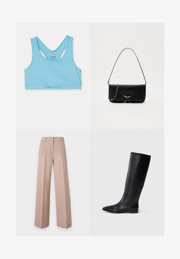 Lichtblauw sportief crop top gemaakt van een gladde stof, met een racerback ontwerp en een logo in donkerblauw op de taille.; Wijde broek in een zachte roze stof, met een rechte voorkant, een tailleband met lussen voor een riem en een gladde textuur.; Zwarte leren kniehoge laars met een puntige neus en een minimalistisch ontwerp. Glad textuur en platte zool, met discreete zijnaaddetails.; Zwarte leren handtas met een zilveren kettingband, voorzien van decoratieve vleugelaccenten en witte stiksels langs de onderste naad.