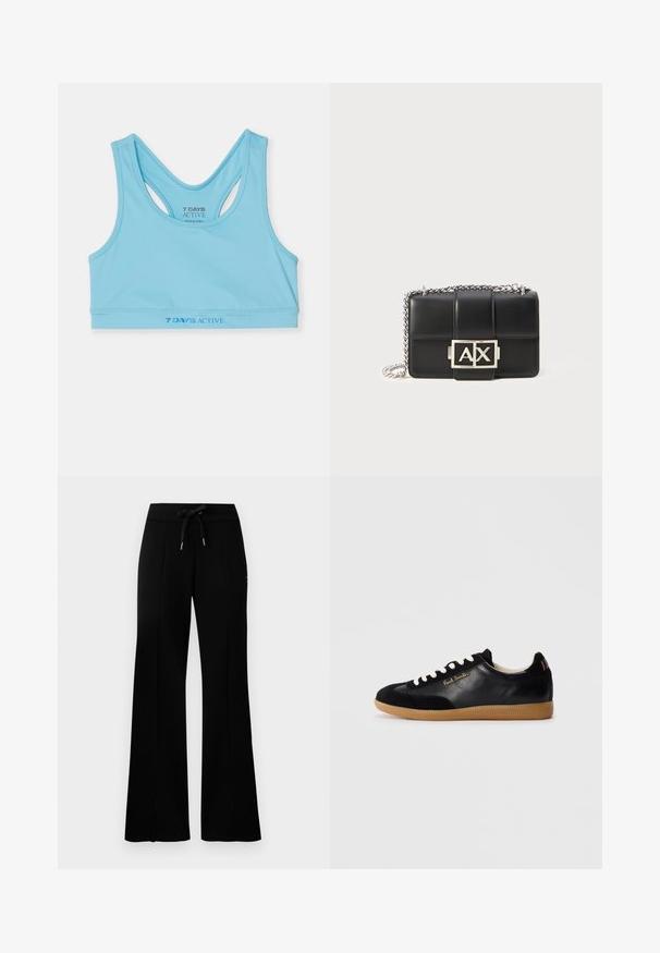 Light blue athletic crop top made from smooth fabric, featuring a racerback design and logo in darker blue at the waist.; Black wide-leg sweatpants with a drawstring waistband, side slit accents, soft fabric, and a sleek design.; Black low-top leather sneaker with white laces, gum sole, "Paul Smith" gold logo on side, and multicolor striped detail on heel tab.; Black leather handbag with quilted design, silver chain strap, and a prominent silver "AX" logo on the front. Compact rectangular shape.