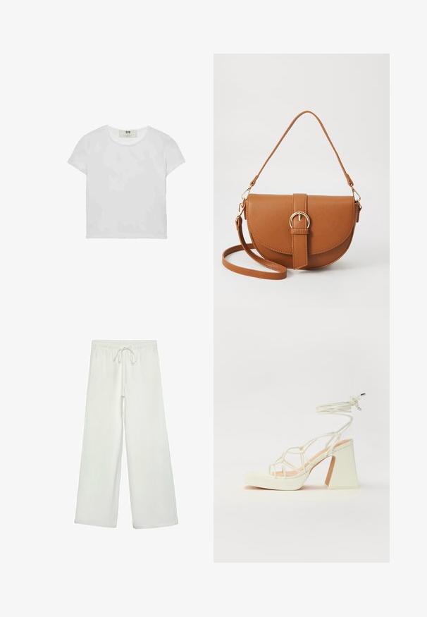 Weißes T-Shirt mit kurzen Ärmeln und Rundhalsausschnitt, aus weicher Baumwolle gefertigt, mit einem schlichten, sauberen Design ohne sichtbare Muster oder Akzente.; Weiße, weit geschnittene Hose aus weichem Stoff. Mit einem elastischen Bund und einem Kordelzug sowie einer glatten Oberfläche. Keine sichtbaren Muster oder Hardware.; Weiße High-Heel-Sandale mit einem klobigen Absatz, die über ein Riemchendesign und ein Knöchelband verfügt. Glatte Textur mit einer Plattform vorne für zusätzliche Höhe.; Braune Leder-Crossbody-Tasche mit geschwungener Form, goldfarbenen Beschlägen und einer Schnallenakzentuierung. Verfügt über einen abnehmbaren Schultergurt.