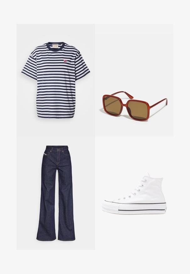 Scotch & Soda - T-shirt z nadrukiem; Ciemnoniebieskie dżinsy szerokie w nogawkach wykonane z denimu, z wysokim stanem, z pomarańczowymi przeszyciami, pięcioma kieszeniami i zapięciem na guzik.; Białe wysokie trampki z płótna z czarną gumową podeszwą, przednim czubkiem z gumy i sześcioma dziurkami na sznurowadła, charakteryzujące się prostym, minimalistycznym designem.; Czerwone okulary przeciwsłoneczne w kwadratowym kształcie z brązowymi szkłami. Grube, błyszczące oprawki i smukłe zauszniki z drobnymi detalami po bokach dla większej atrakcyjności wizualnej.; Srebrne kolczyki w formie kółek o gładkim, polerowanym wykończeniu. O okrągłym kształcie i pewnym zapięciu na klik. Lekka konstrukcja odpowiednia do codziennego noszenia.