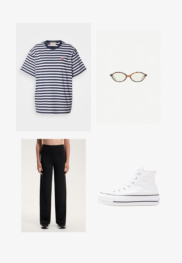 Scotch & Soda CORE THE FREE SPIRIT PEACE BIRD - Nyomott mintás póló - navy/white; Fekete, széles lábú sportnadrág magas derékkal. Simább, rugalmas anyagból készült, laza illeszkedéssel és finom textúrával rendelkezik.; Fehér magaskorsó vászon sportcipő fekete gumi talppal, elülső gumi orrnyereggel és hat fűzőlyukkal, letisztult, minimalista dizájnnal.; Tortábar színű szemüveg ovális lencsékkel és sima, elegáns felülettel. Vékony szárakkal rendelkezik, amelyeken finom ív található a halántéknál. Átlátszó lencsék.; Piros bandana sál, pamutzsábol készült, fehér paisley és pöttyös mintákkal, háromszög alakú, az alsó sarkában címkével.