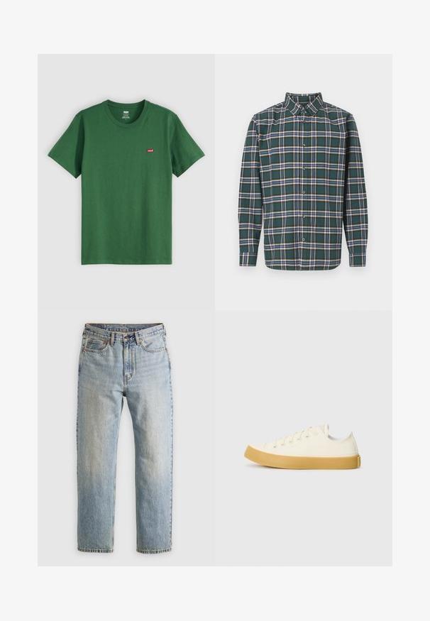 Grønn bomull t-skjorte med rund hals, korte ermer og en liten rød Levi's-logo på venstre bryst. Myk tekstur, standard passform.; Grønn flanellskjorte med rutete mønster som har blå, hvite og sennepsgule linjer. Knapper foran og spiss krage. Lange ermer.; Lys blå denim jeans med høy midje, frontknapp, glidelås og fem-lommers design, lagt flatt på en nøytral bakgrunn.; Canvas sneakers i off-white med rund tå, med beige gummisåler og fem hull for lisser, strukturert finish på overdelen.