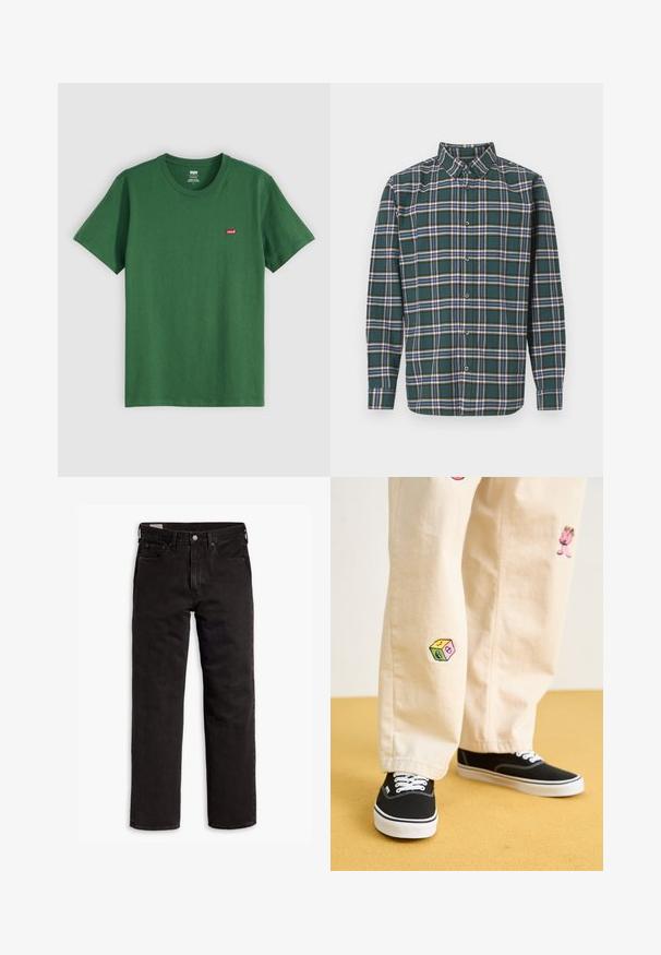 Zöld pamut póló kerek nyakkal, rövid ujjakkal, és egy kis piros Levi's logóval a bal mellen. Puha tapintású, normál fazonú.; Zöld flanel ing, kockás mintázattal, amely kék, fehér és mustár sárga vonalakból áll. Gombos elülső rész és hegyes gallér. Hosszú ujjak.; Fekete egyenes szárú farmernadrág öt zsebbel, gombos záródással és övhurkokkal, fehér háttéren elhelyezve.; Beige pamut nadrág játékos hímzett mintákkal, beleértve egy rózsaszín karaktert és színes blokkot, fekete fűzős tornacipővel párosítva.