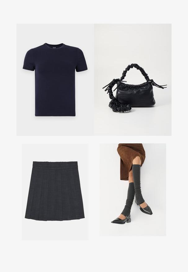 Marineblå t-shirt med rund hals lavet af glat bomuldsstof, med korte ærmer og normal pasform. Enkel, sømløs design uden mønstre.; Mørkegrå plisseret nederdel med elastisk talje, der har et struktureret stof og en klassisk A-formet silhuet. Velegnet til hverdag.; Sorte patenterede lædersko med spids tå, blokhæl og ankelrem, kombineret med grå ribbede benvarmere og en brun ruskinds nederdel.; Sort kunstlæder håndtaske med krokodilteksur, indsnøret top og en sammenkrøben rem. Ser blød og kompakt ud i designet.