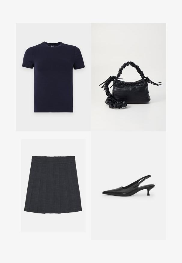 Camiseta de cuello redondo en azul marino, hecha de suave algodón, con mangas cortas y corte regular. Diseño simple y sin costuras, sin patrones.; Falda plisada gris oscuro con cinturilla elástica, que presenta una tela texturada y una silueta clásica en A. Adecuada para un estilo casual.; Zapato negro de piel tipo slingback con punta afilada y un tacón delgado y curvado. Presenta una correa ajustable discreta con una hebilla de metal.; Bolso de mano de imitación cuero negro con textura de cocodrilo, parte superior fruncida y correa arrugada. Presenta un diseño suave y compacto.
