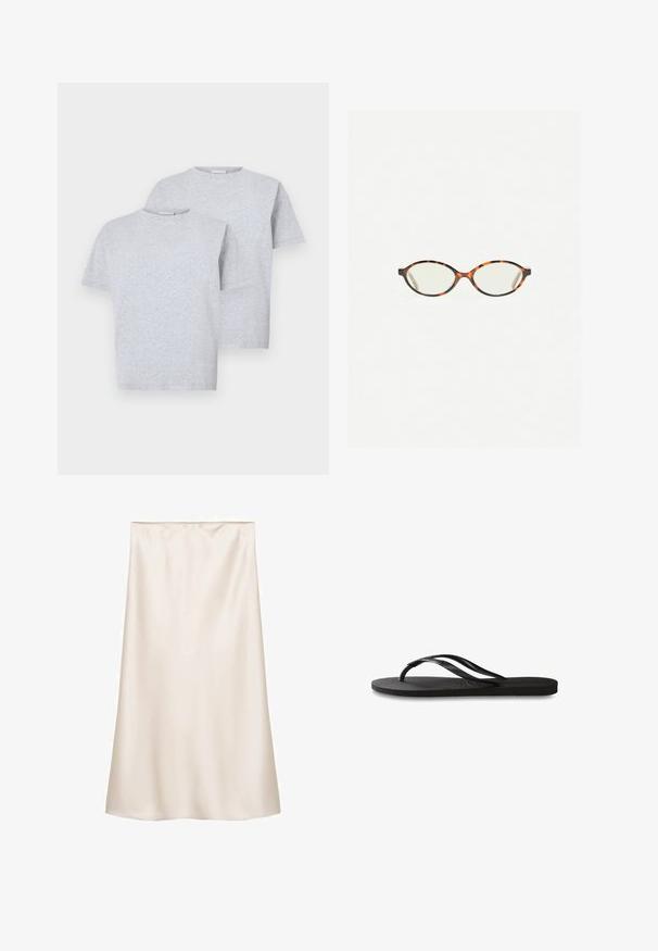 Twee T-shirts met korte mouwen in lichtgrijs, gemaakt van zachte stof, met een ronde halslijn en een ontspannen pasvorm. Elke shirt heeft minimale details.; Satijnen midi-jurk in off-white, rechte snit met een elastische tailleband, gladde textuur en geen zichtbare patronen of accenten.; Zwarte flip-flop met een gestructureerde rubberen zool, twee slanke banden en een subtiele, ingedrukte logo-detail op de band.; Kattenoogbril met ovale lenzen en een strakke, gladde afwerking. Heeft dunne zijkanten met een subtiele kromming bij de slapen. Transparante lenzen.