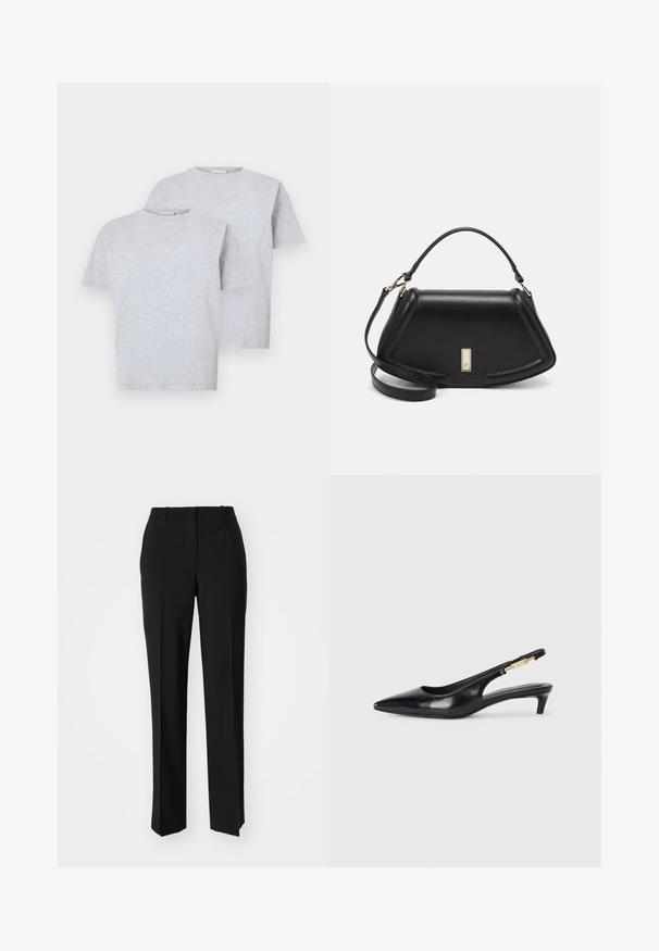 Două tricouri cu mânecă scurtă de culoare gri deschis, realizate dintr-un material moale, cu un decolteu rotund și o croială lejeră. Fiecare tricou are detalii minime.; Pantaloni negri tailor-ed cu un design drept, având o textură fină și cute clare pe față. Fără elemente de prindere vizibile.; Sandale slingback din piele neagră cu vârf ascuțit, având un toc subțire și un accent de culoare aurie pe curea ajustabilă. Textură netedă.; Geantă de umăr din piele neagră, cu un design structurat, având o formă tăiată, mânere superioare și accente din aur. Include o curea de umăr ajustabilă.