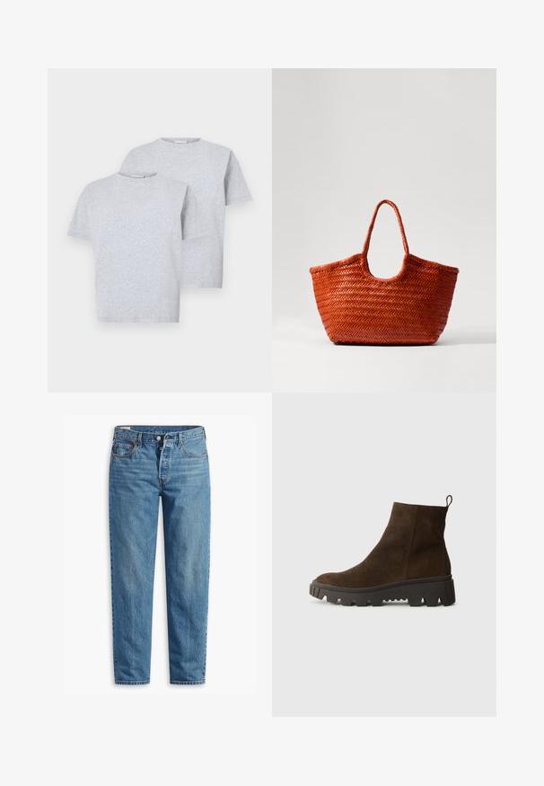 Két rövid ujjú, világosszürke póló, puha anyagból készült, kerek nyakkivágással és laza szabással. Mindkét pólón minimalista részletek találhatók.; Kék farmernadrág, egyenes fazonnal, cipzáros záródással, két elülső zsebbel és finom kopásnyomokkal az anyagon.; Barna velúr bokacsizma masszív fekete gumitalppal, enyhén sarokkal és hátul elhelyezett húzófüllel a könnyű felvétel érdekében.; DRAGON DIFFUSION NANTUCKET BASKET BIG - Kézitáska - naranja