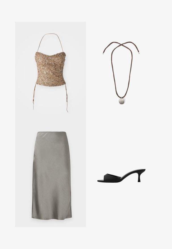 Geflochtener trägerloser Oberteil in Gold, mit einer strukturierten, mit Pailletten versehenen Oberfläche und Taillenbändern für eine verstellbare Passform. Glatte, figurbetonte Silhouette.; Grauer Satin-Midirock mit glatter, geschmeidiger Textur. Kleine Seitenschlitze betonen die Bewegungsfreiheit. Minimalistisches Design, figurschmeichelnder Bund und gerade Silhouette.; Schwarze Absatzmules mit einer breiten, offenen Zehenpartie und einem geschwungenen Oberteil. Hergestellt aus strukturiertem Stoff, mit einem schlanken Absatz und einer glatten Sohle.; Halskette mit einem braunen Band und einem silbernen ovalen Anhänger. Der Anhänger hat eine glatte Oberfläche und eine leichte Vertiefung in der Mitte.