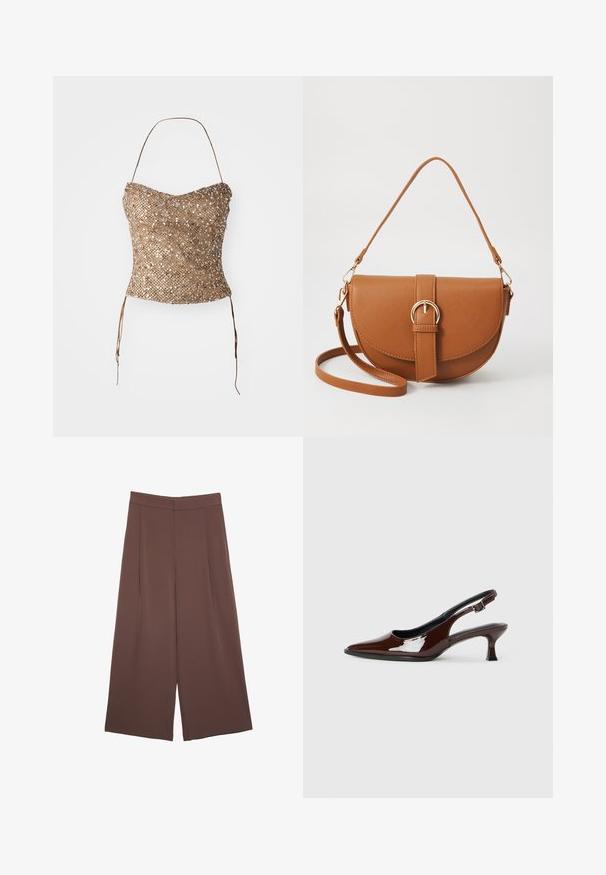 Flettet strapless top i guld, med en tekstureret, pailletbesat overflade og taljebånd for justerbar pasform. Glat, tætsiddende silhuet.; Brune bredbunde bukser med en glat tekstur, der har høj talje og plisseringer foran. Stoffet er let og falder løst.; Brun patenteret læder slingback sko med spids tå og en moderat hæl. Har en spænde rem for en sikker pasform. Glat tekstur.; Brun læder crossbody taske med en buet form, guldfarvet hardware og en spændeaccent. Har en aftagelig skulderrem.