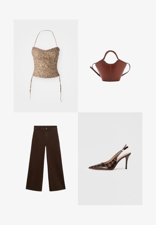 Zlatý strapless top s vrkočom, ktorý má textúrovaný, flitrami pokrytý povrch a pásy na páse pre nastaviteľné prispôsobenie. Hladký, priliehavý silueta.; Hnedé široké nohavice z bavlnenej zmesi, s roztrhnutým lemom, predným zapínaním na gombík a klasickým dizajnom s piatimi vreckami. Minimalistické a všestranné.; Hnedé lodičky na podpätku z kože s embosovaným vzorom krokodíla, s špicatou špičkou, otvorenými bokmi a tenkým vysokým podpätkom. Navrhnuté s nastaviteľnou sponou.; Hnedá kožená kabelka s kužeľovým tvarom, pevnými rúčkami a kontrastným bielym prešitím. Obsahuje odnímateľný ramenný popruh pre väčšiu variabilitu.