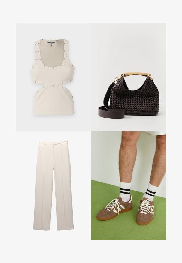 Bela rebrasta top z nalepko, ki ima prilegajoč dizajn, z srebrnimi zapenjali ob ramenih in izrezom v pasu.; Široke hlače iz svetle bež tkanine z gladko teksturo. Imajo prilegajoč pas, sprednje vole in brez vidnih žepov.; Rjavi semiš športni čevlji z belimi detajli in vezalkami. Gumijast podplat. Nošeni z belimi nogavicami z črnimi črtami. Zelena teksturirana talna obloga.; Elleme BOOMERANG WOVEN - Torbica - brown