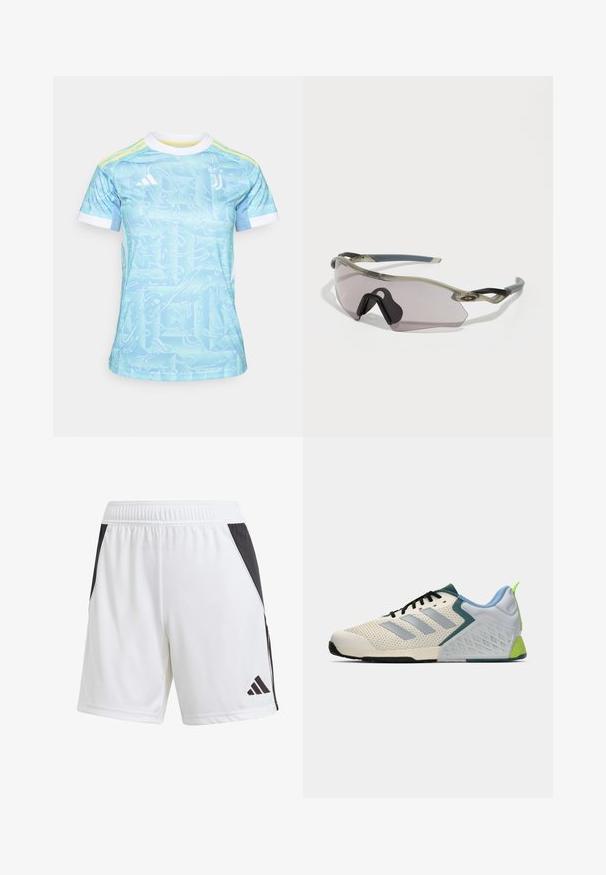 Camisola atlética azul-claro com um padrão em forma de onda, gola branca e detalhes amarelos. Feita de tecido respirável, projetada para desporto.; Calções de atletismo brancos com um painel lateral preto, feitos de um tecido leve. Apresentam uma cintura elástica e um logotipo preto da Adidas na parte inferior da perna.; Sapatilhas leves para atletismo com um upper em malha creme, riscas cinzentas, um detalhe em verde e um contraforte em azul texturizado. Cordões pretos.; Óculos de sol com uma armação cinza translúcida, lentes com tonalidade e design angular. Apresenta um suporte nasal distinto e hastes em cinza escuro texturizado.