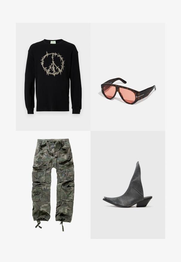 Schwarzer, gerippter Sweatshirt mit langen Ärmeln, das ein beiges, gesticktes Friedenssymbol zeigt, umgeben von Stacheldraht. Rundhalsausschnitt, weicher Stoff.; Tarnfarben Cargo-Hosen aus Baumwolle, mit mehreren Taschen, elastischen Bündchen und einem lockeren Schnitt mit einem Kordelzugbund.; Schwarze, spitze Blockabsatz-Mules mit strukturiertem Schlangenledermuster. Sie verfügen über einen niedrigen, dreieckigen Absatz und ein glattes, geschwungenes Oberdesign.; Schildpatt-Sonnenbrille mit pinken Gläsern, die ein gewagtes, kantiges Design und dünne silberne Hardware-Akzente an den Rahmen aufweist.