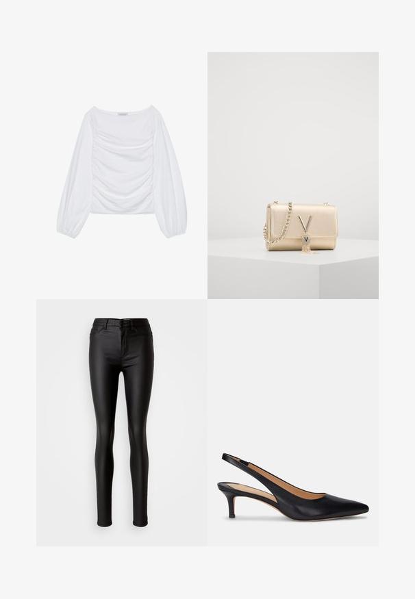 Weißes Langarmoberteil mit weitem Ausschnitt und gerafften Details auf der Vorderseite. Hergestellt aus einem weichen Stoff mit weiten Ärmeln.; Schwarzes Top mit einem Schulterträger, das mit einem rüschenartigen, transparenten Überzug entlang des Ausschnitts versehen ist, aus leichtem Material mit glatter Textur gefertigt.; Schwarze, enganliegende Skinny Jeans aus Kunstleder mit glatter Textur, hoher Taille, Knopfverschluss und traditionellem Fünf-Taschen-Design.; Schwarzer Leder Slingback-Pump mit spitzer Zehenform, niedrigem Kitten-Absatz und glatter Oberfläche. Verfügt über ein offenes Rückendesign und minimale Nahtdetails.; Gold metallische Handtasche mit strukturiertem Finish, ausgestattet mit einer Kettenriemen und einem V-förmigen Verschluss mit einem Quasten-Detail. Kompakte rechteckige Form.