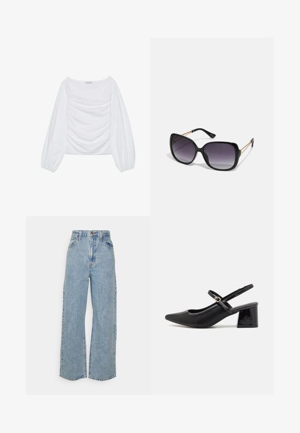 Weißes Langarmoberteil mit weitem Ausschnitt und gerafften Details auf der Vorderseite. Hergestellt aus einem weichen Stoff mit weiten Ärmeln.; Hellblaue, weit geschnittene Jeans mit hoher Taille, vorderem Knopf, Reißverschluss und Fünf-Taschen-Design auf neutralem Hintergrund.; Schwarze Lackleder-Slingback-Absätze mit spitzer Zehenform, einem runden Ausschnitt-Design und einem Blockabsatz. Mit einem goldfarbenen Schnallenakzent.; Schwarze übergroße Sonnenbrille mit getönten Gläsern, dicken Rahmen und goldfarbener Kettendetaillierung an den Bügeln.; Schwarze Tragetasche aus synthetischem Material, mit einfachem rechteckigem Design, goldenen quadratischen Akzenten und doppelten Griffen.