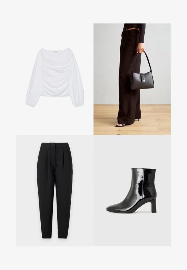 Valkoinen pitkähihainen toppi, jossa on leveä kaula-aukko ja poimutus yksityiskohtana edessä. Valmistettu pehmeästä kankaasta, ja siinä on leikkisät hihat.; Mustat suorat housut, joissa on etupuolella laskokset, sileä pinta ja sivutaskut. Vyötärönkorkeus on normaali.; Musta patenttilakattu nilkkuri, jossa on terävä kärki ja keskipitkä lohkarekorko. Silkkinen pinta ja minimalistinen muotoilu.; Musta käsilaukku, jossa on rakenteellinen muoto, sileä pinta ja metallinen solki. Yhdistetty leveisiin mustiin housuihin ja avonaiheisiin sandaaleihin puulattialla.